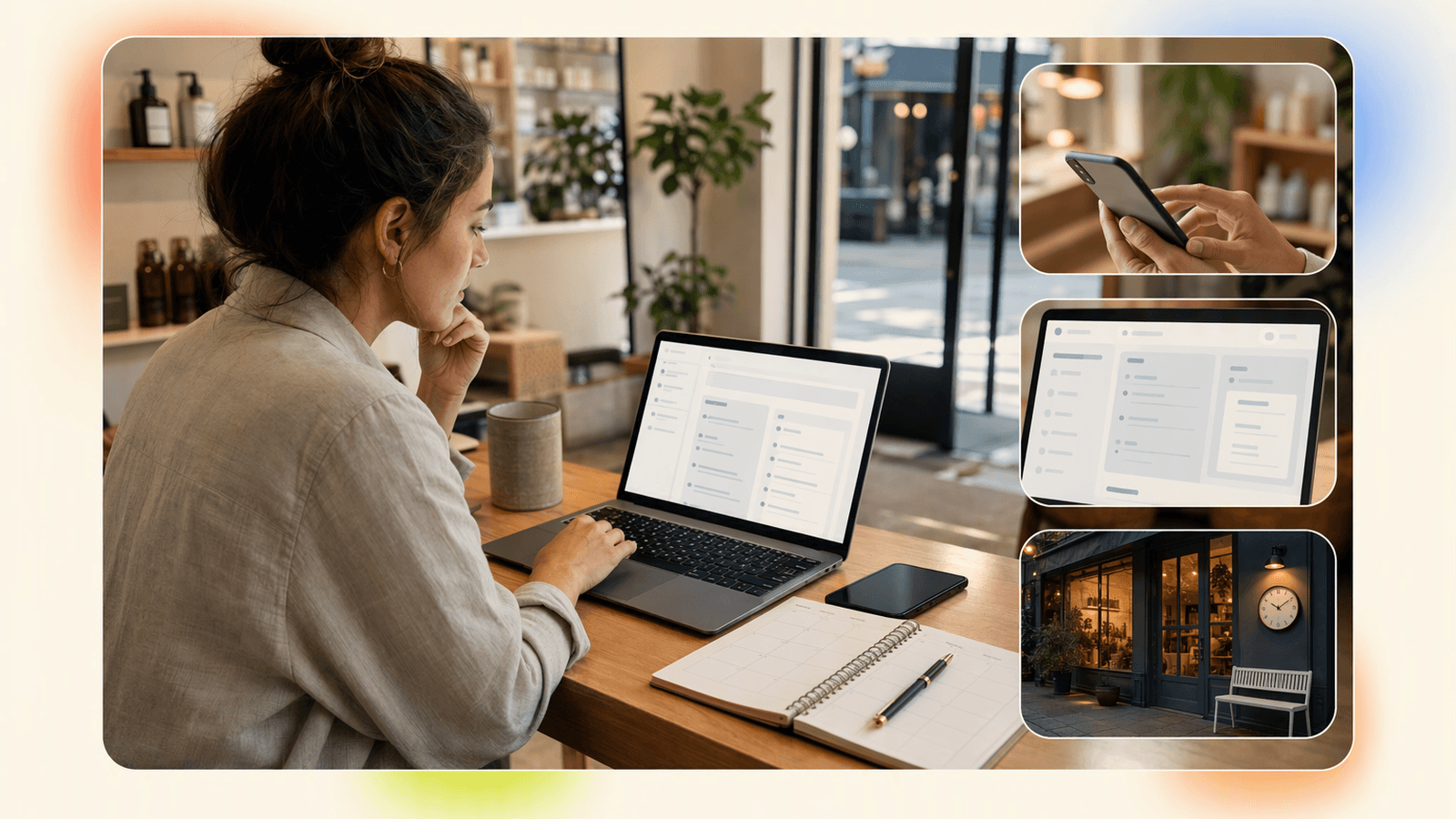 A business owner sets appointment rules on a laptop with calendars and service notes nearby.