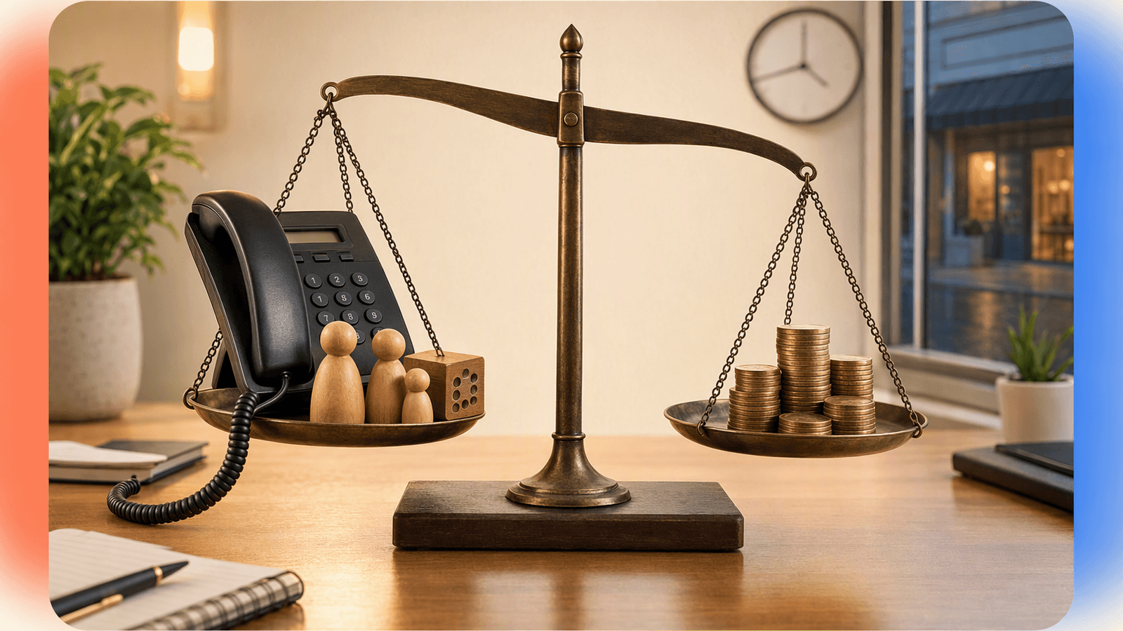 Call volume, handling time, and service level represented as adjustable factors balancing against a monthly answering-service budget.