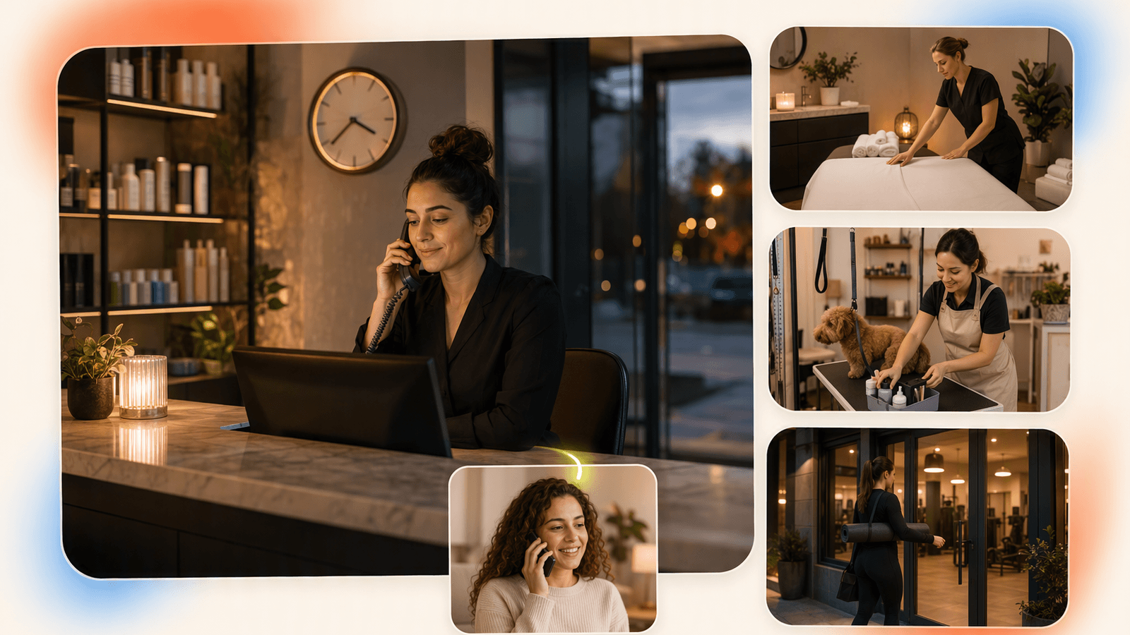 A closed wellness studio at night with calls being answered for booking, rescheduling, and urgent customer questions.