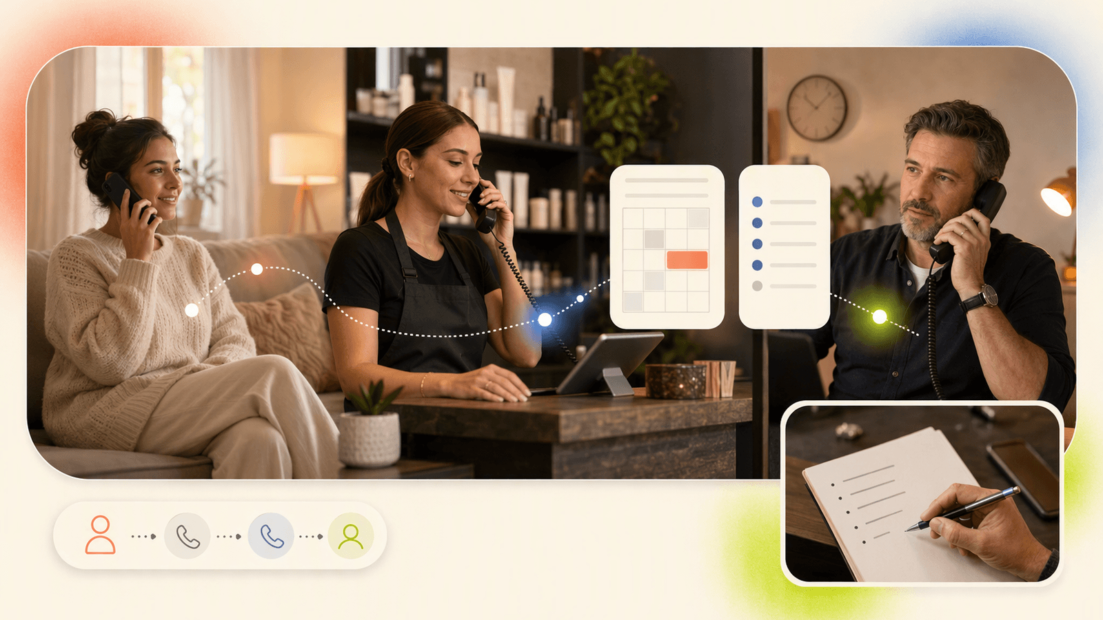 Caller-to-business flow showing a customer call, booking, FAQ answer, staff handoff, and call note without readable text.
