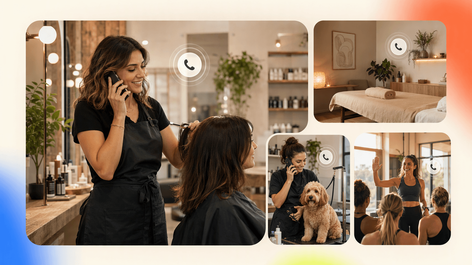 Service-business workflow scenes for a salon, spa, pet groomer, and fitness studio using phone answering around appointments.