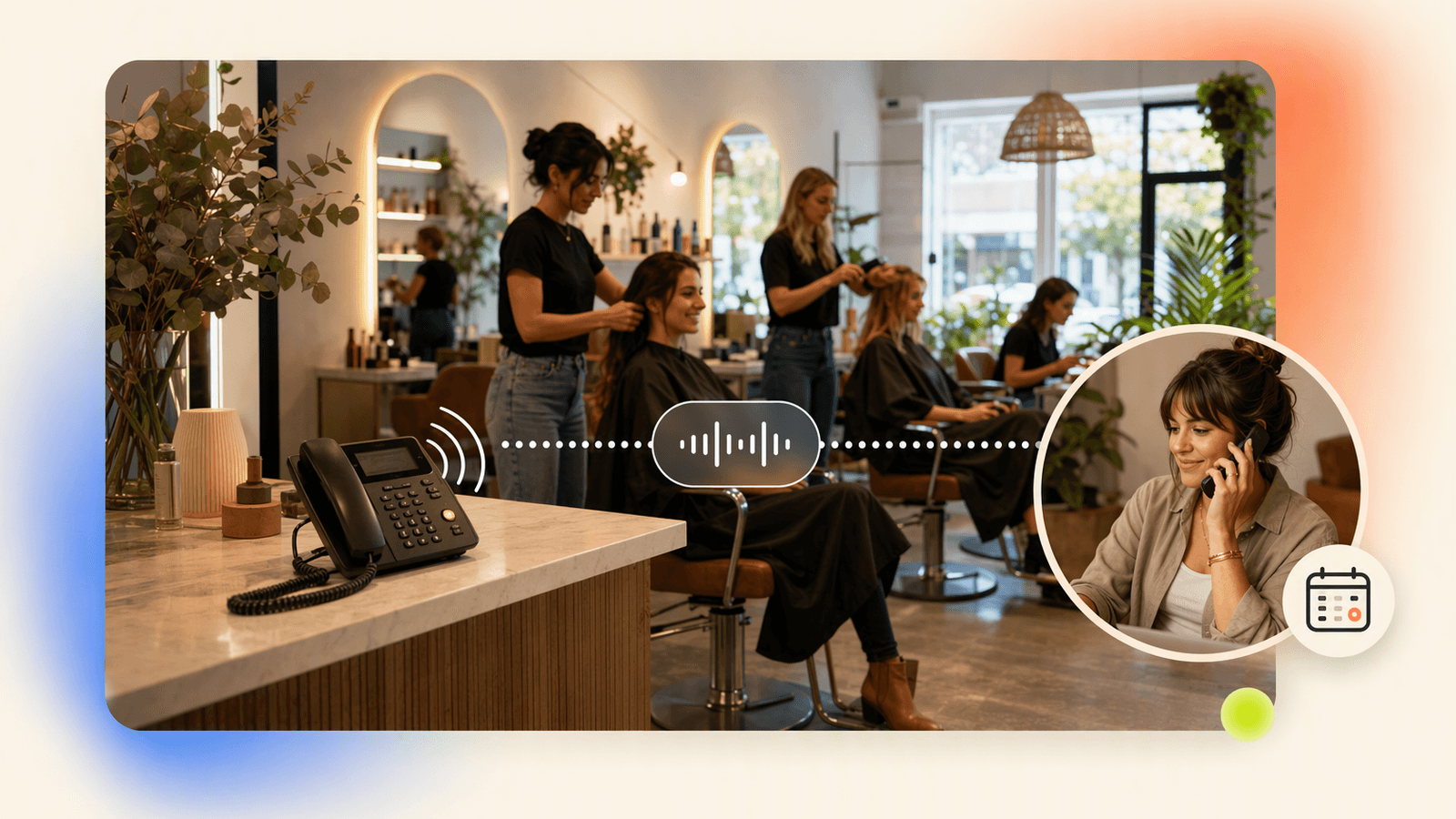 Salon phone call routed to an AI receptionist while stylists work with clients and an owner checks the next appointment.