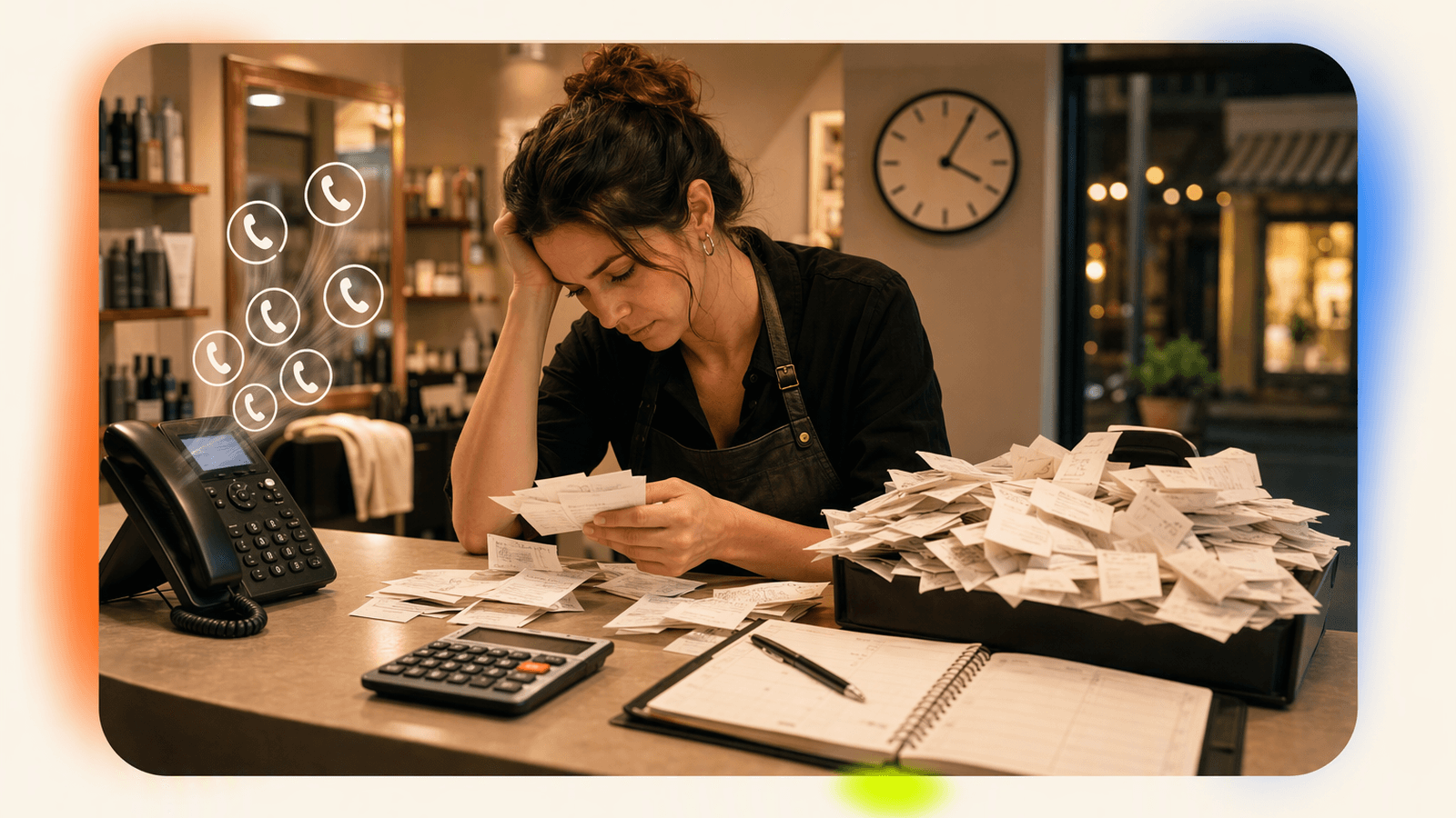 Small business owner reviews a growing pile of call slips and receipts beside a ringing phone, showing how per-call costs add up.