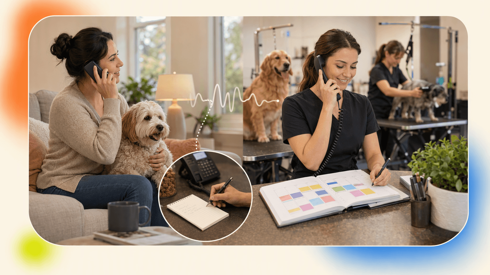 Caller request flows to either a message note or a booked appointment slot, illustrating answering-only versus booking service.