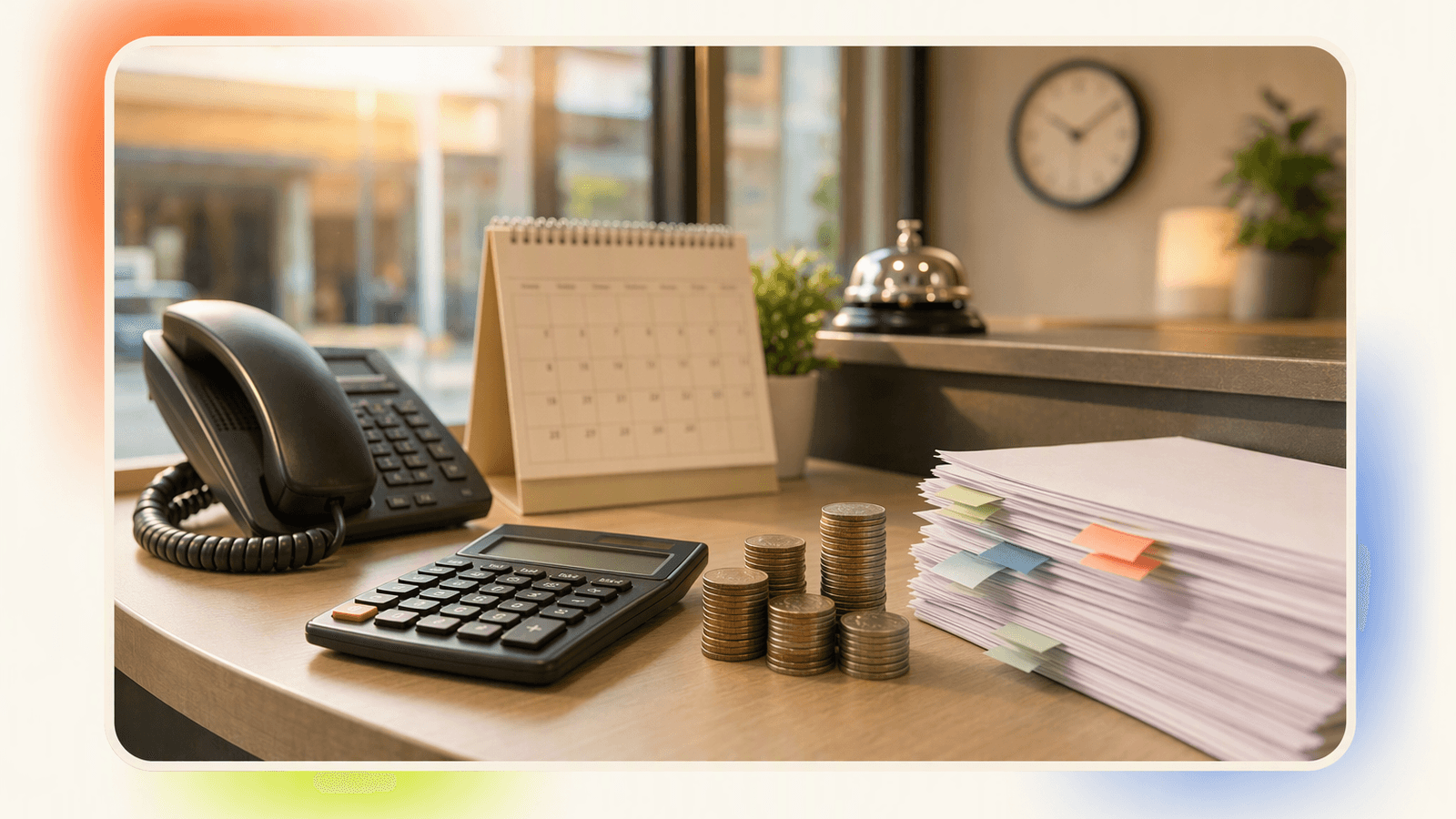 Calculator, phone, calendar, and stacked coins on a reception desk suggest hidden answering service fees and overage risks.