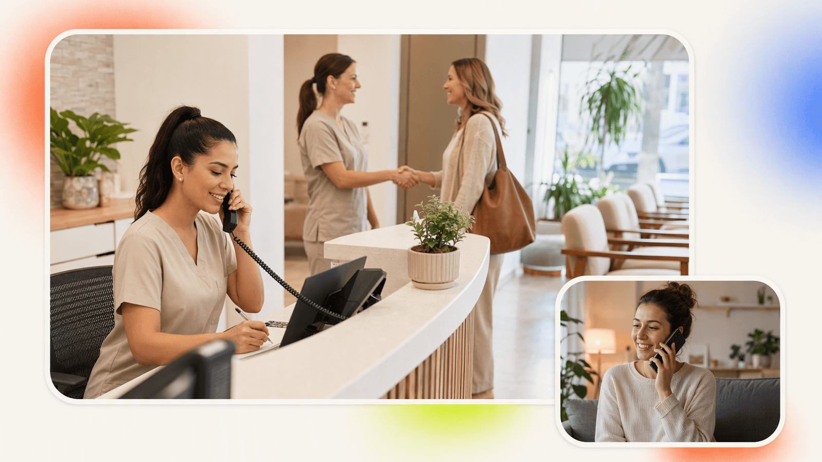 Receptionist at an appointment-based business manages calls while staff handle bookings and client arrivals at different activity levels.