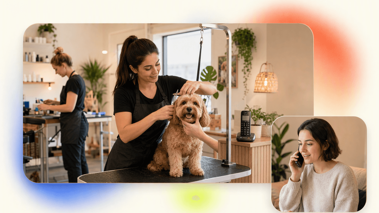 Busy salon reception with a stylist helping a client while DeskBuddy handles appointment calls in the background.