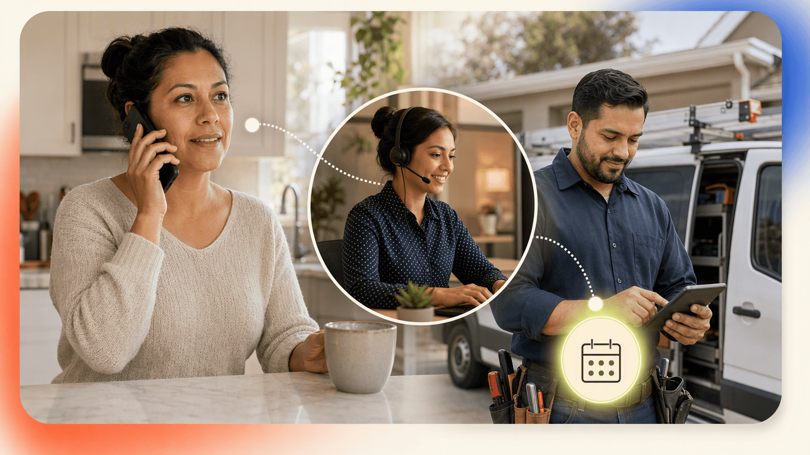 A homeowner calls a local repair business while a bilingual receptionist coordinates an appointment with a technician.
