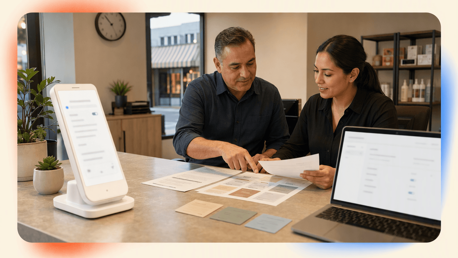 A small business owner prepares service options and multilingual call guidelines with a receptionist during setup.