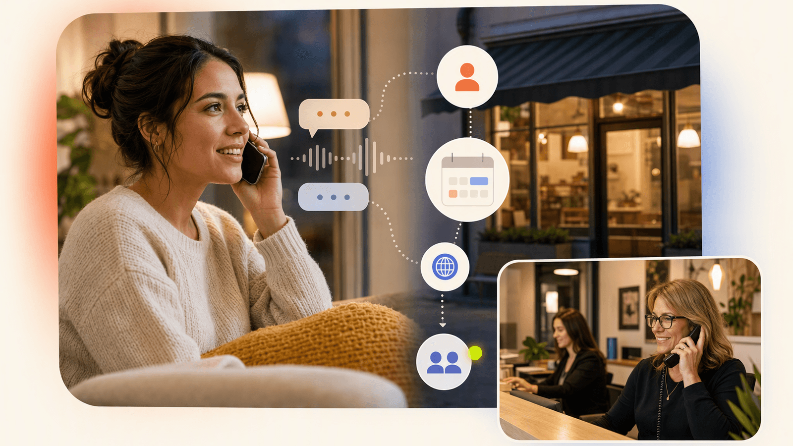 A caller reaching a small business after hours, with calls routed to scheduling notes and a human handoff when needed.