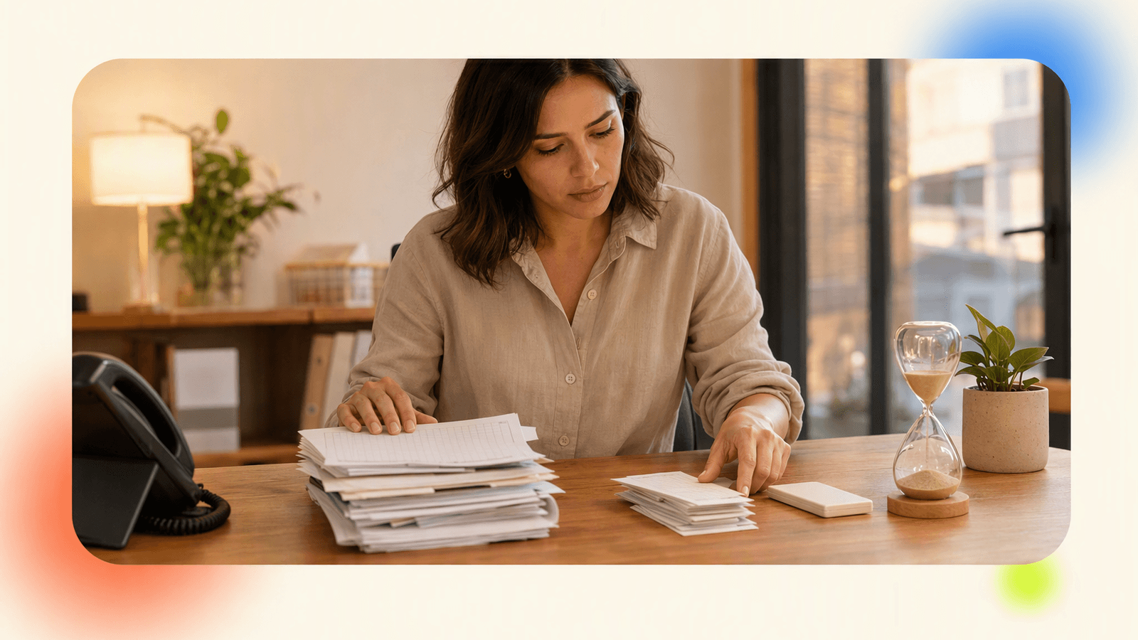 A small business owner comparing receptionist costs with AI plan expenses at a desk, using receipts and simple visual markers.
