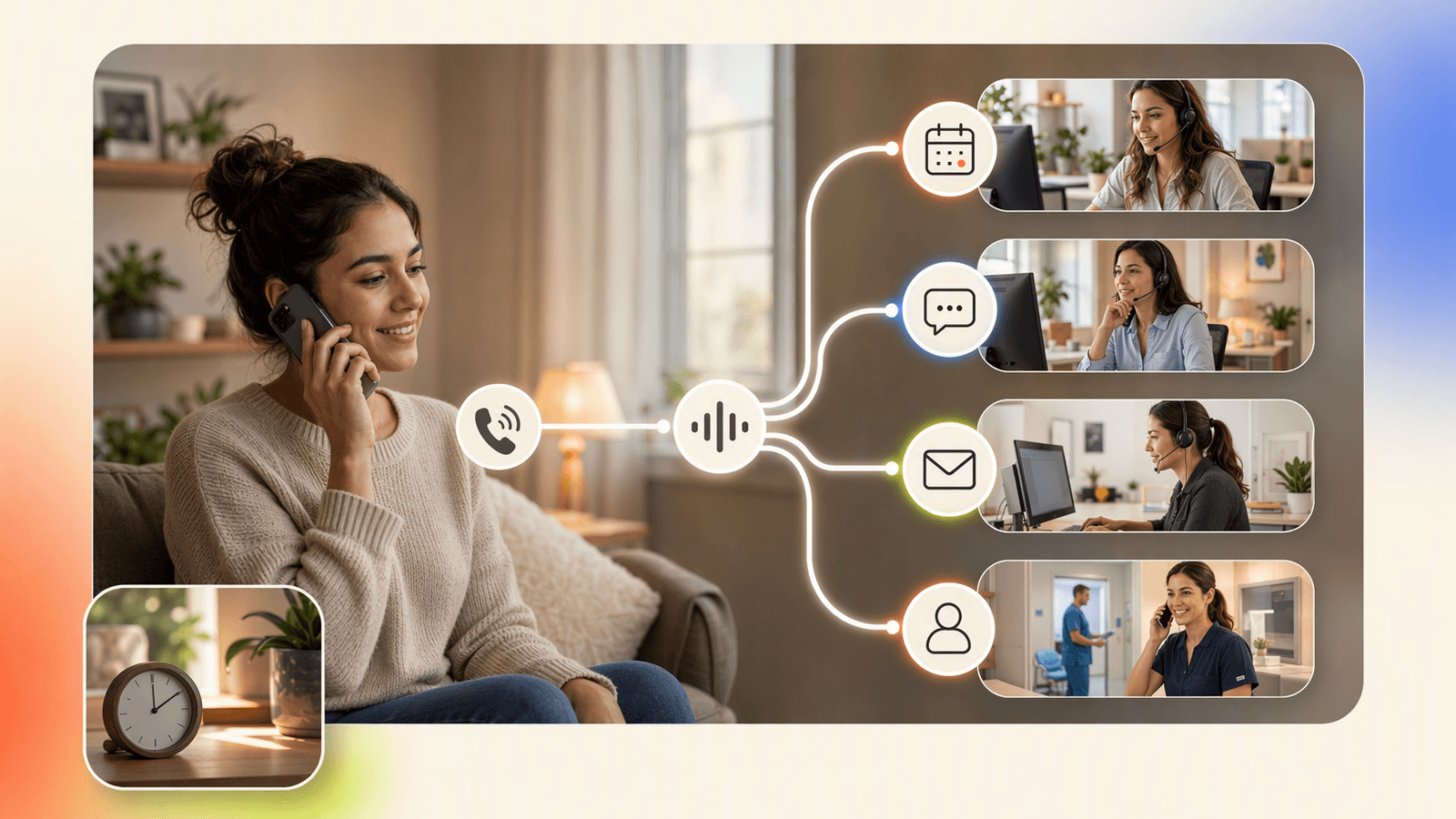 Reception call flow showing a patient call routed to scheduling, basic office questions, message taking, or urgent staff escalation.
