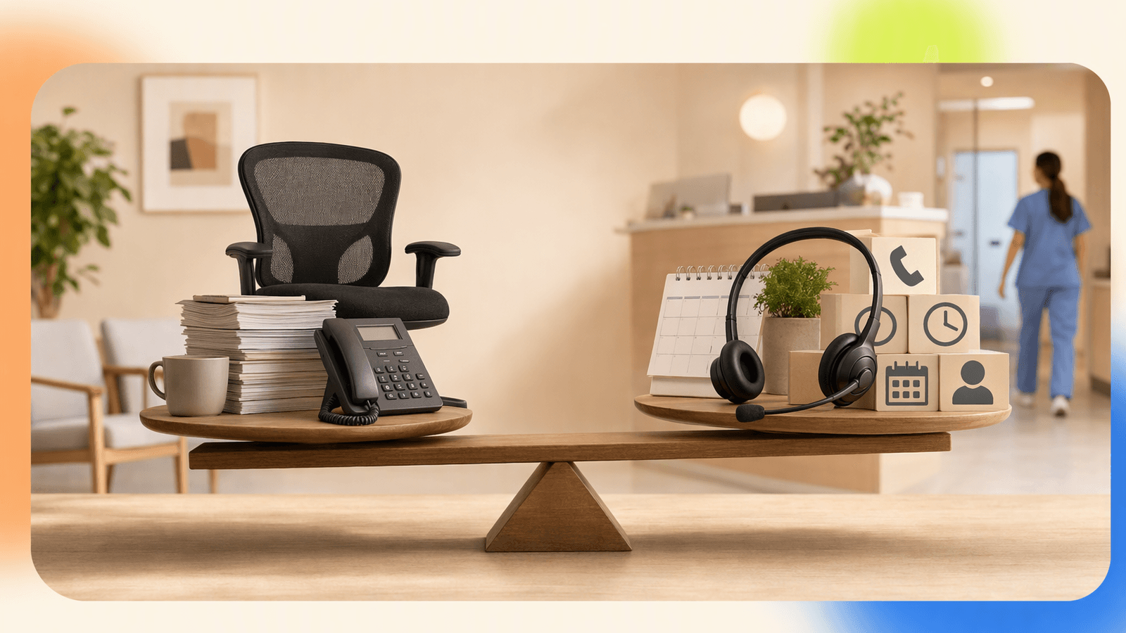 Cost comparison concept with front desk staffing, live answering, and AI receptionist coverage represented by balanced office resources.