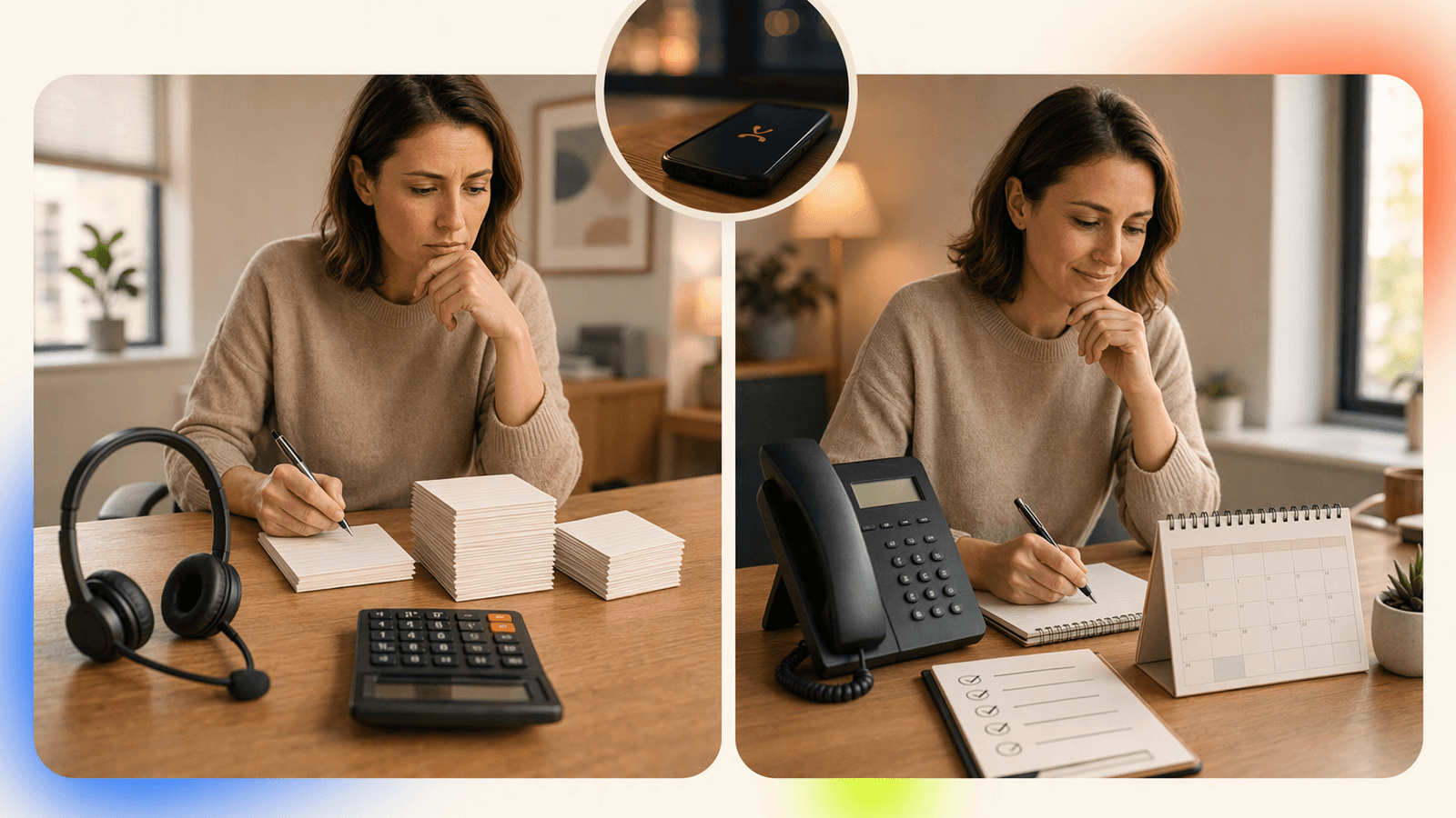 Small business owner comparing live answering costs and AI receptionist costs at a desk with phone, calculator, and service notes.