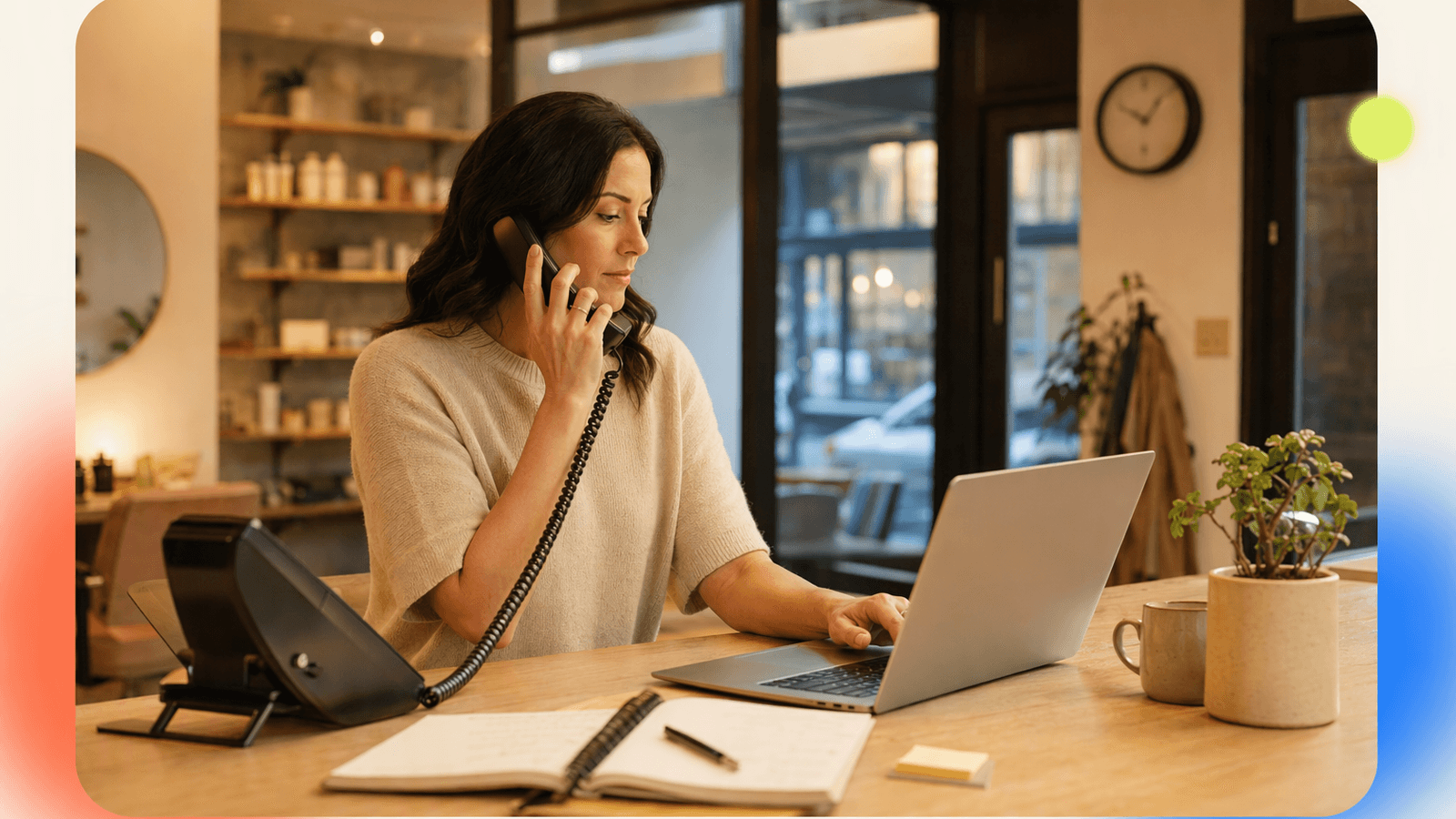 Owner setting up an AI receptionist workflow with phone, calendar, and appointment notes during a practical service handoff.