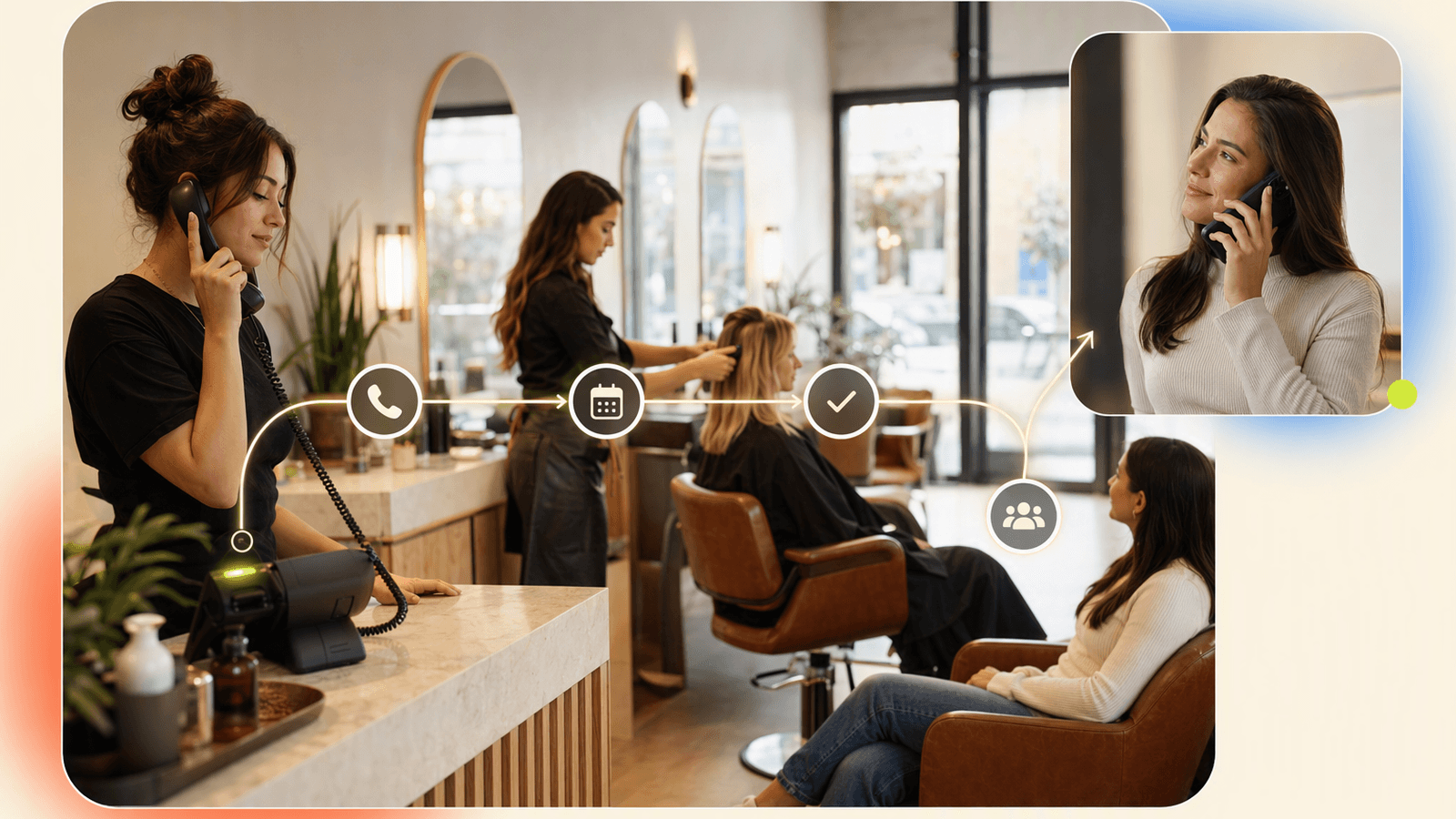 Salon receptionist workflow showing an incoming appointment call handled while stylists continue serving clients.