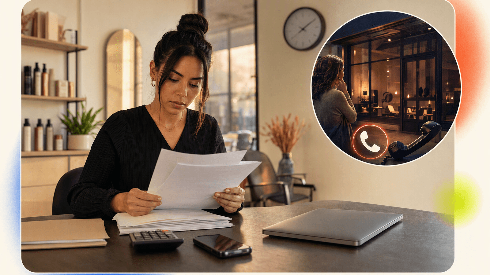 Salon owner comparing software subscription costs and phone coverage value at a small office desk.
