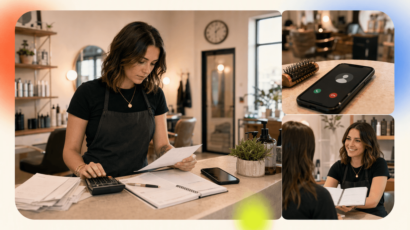 A salon owner compares call volume and monthly reception costs at a counter with invoices, a calculator, and a phone nearby.