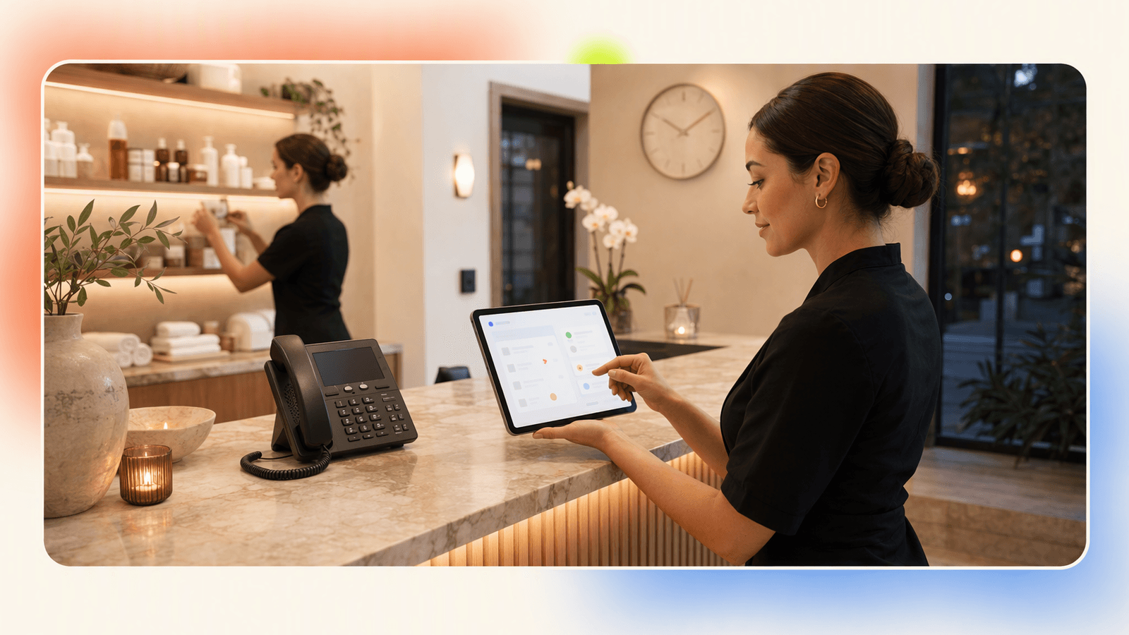 A spa manager sets up an AI receptionist on a tablet while staff prepare treatment rooms and the front desk phone sits ready.