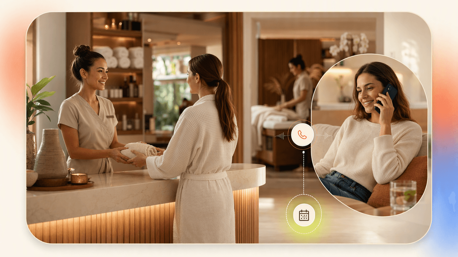 Spa receptionist helping an in-person guest while a missed phone call from another client routes to booking support.