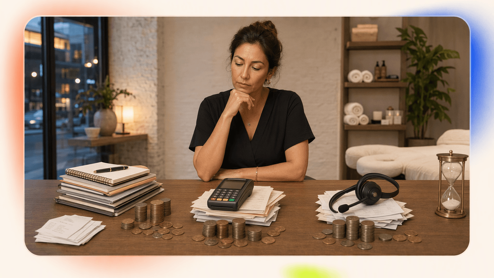 Spa owner comparing booking software costs with separate piles for platform fees, add-ons, and phone coverage.