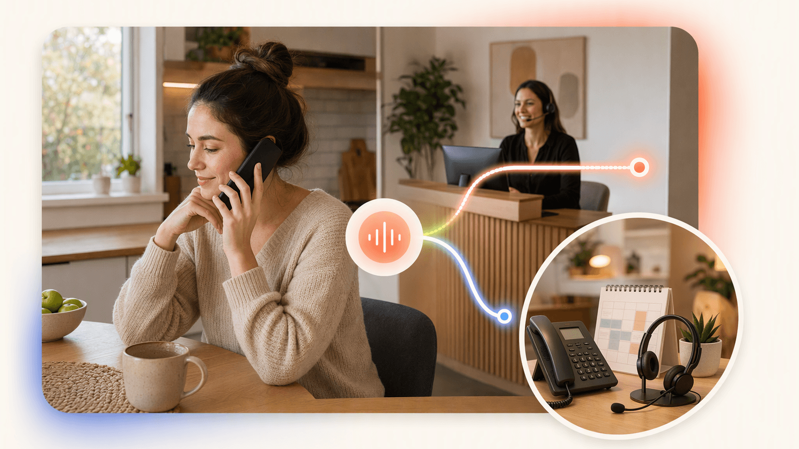 Caller routed to either a staffed reception desk or an automated scheduling assistant, showing two different answering models.