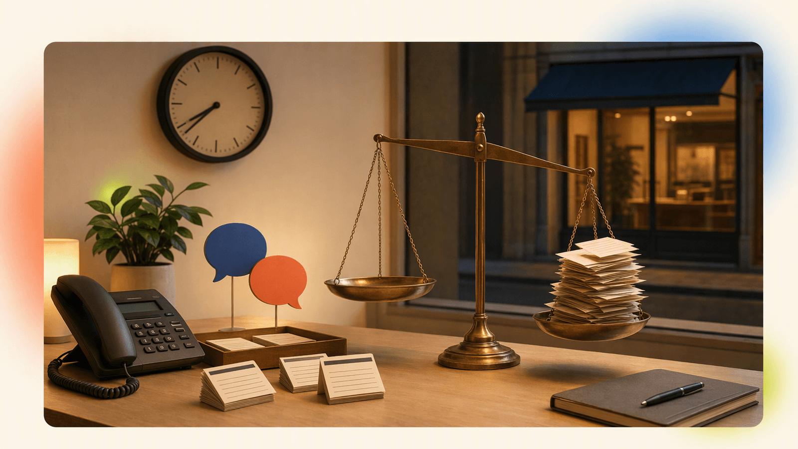 After-hours clock, appointment calendar, language symbols, and extra call slips arranged like cost drivers on a desk.
