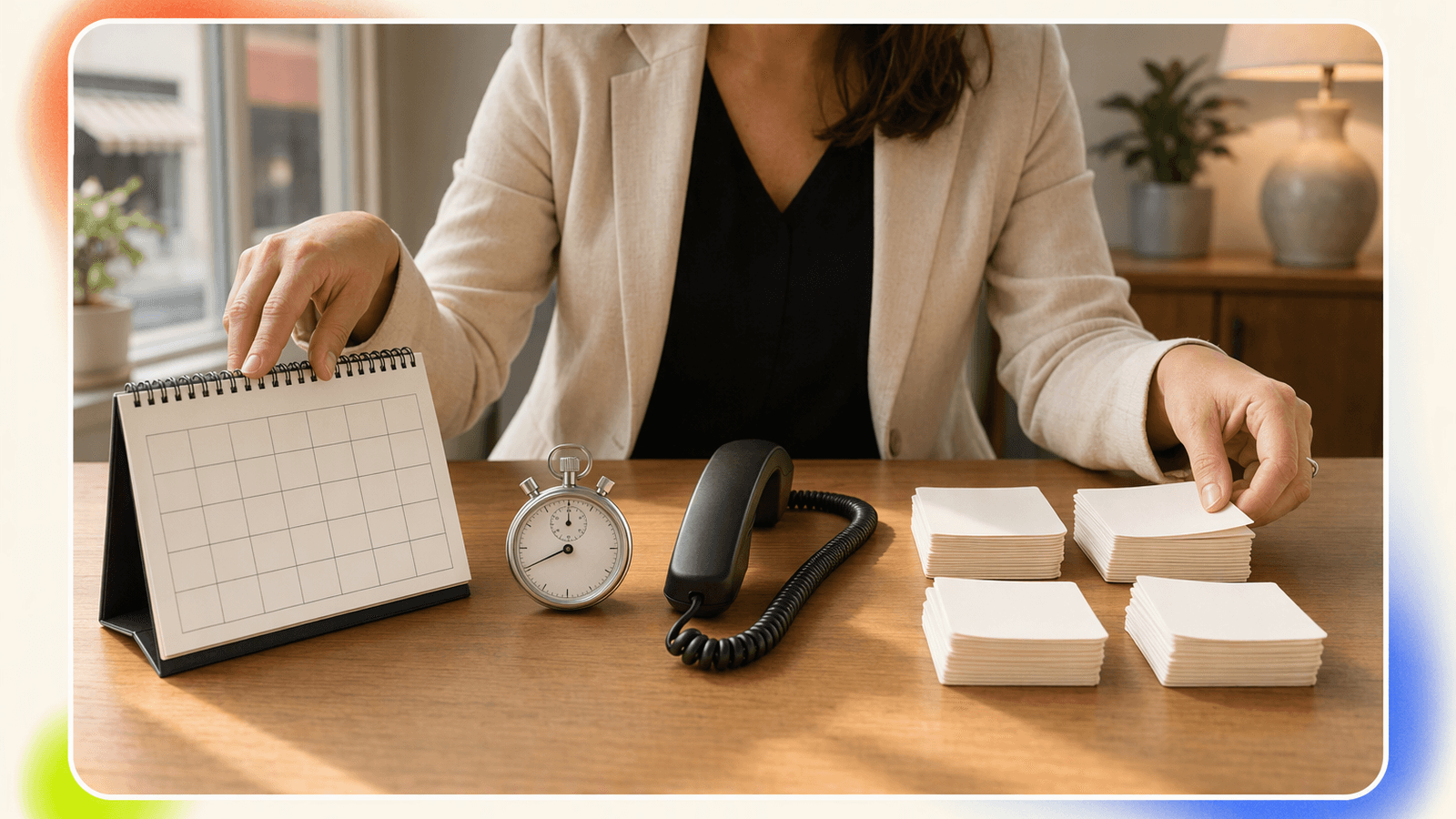 A small business owner compares receptionist pricing with a phone, calendar, stopwatch, and separate piles of call notes on a desk.