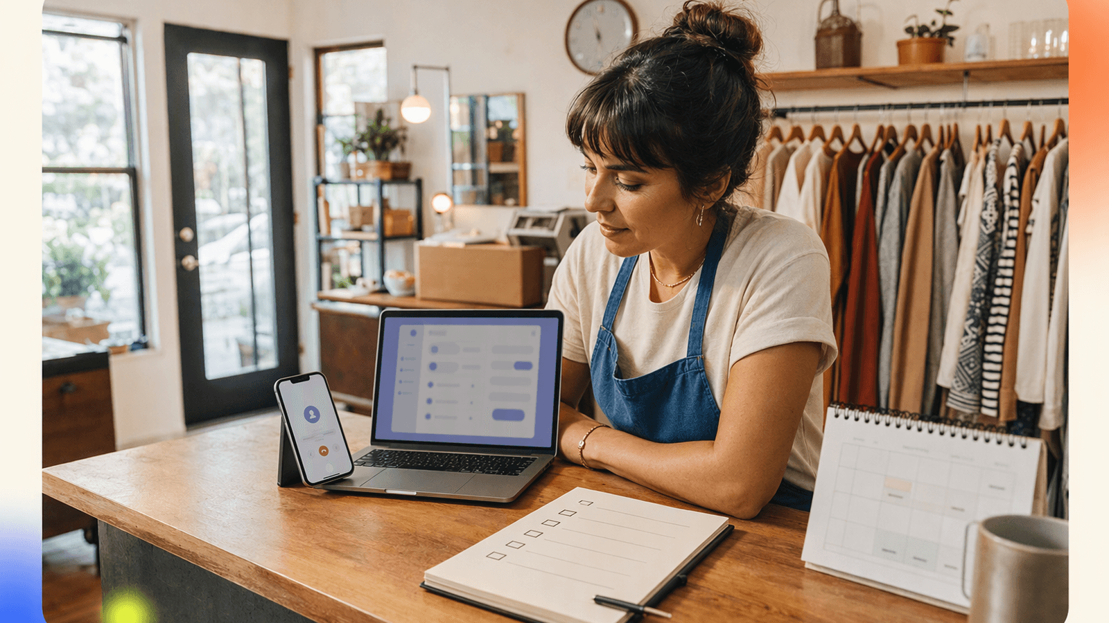 A shop owner tests a virtual receptionist trial with a phone, laptop, calendar, and checklist before choosing a plan.