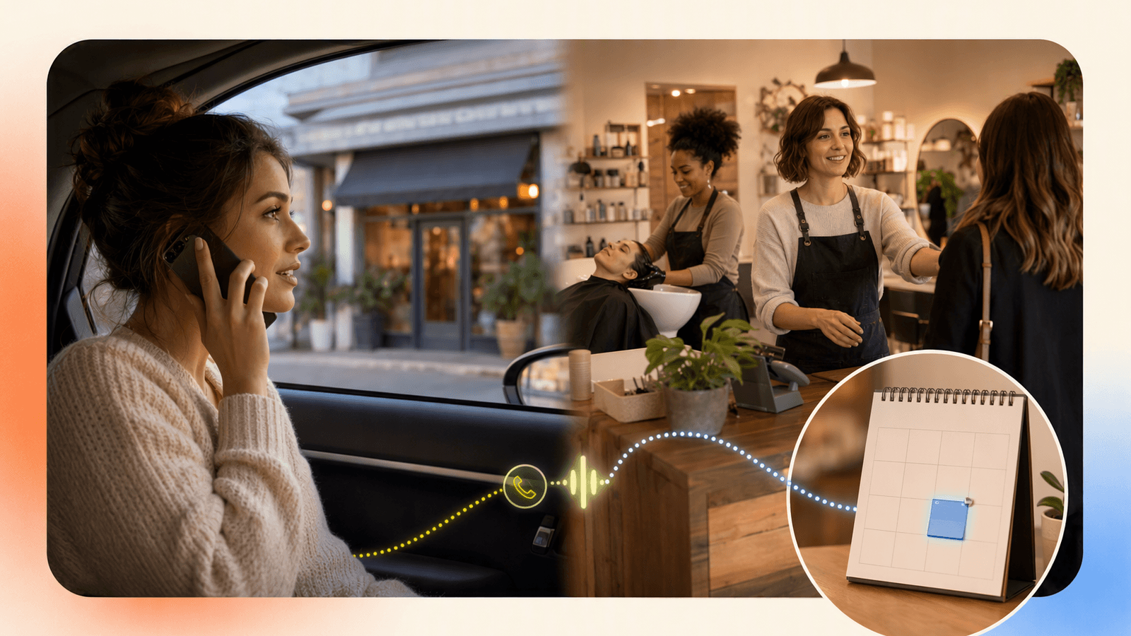 A client calls while salon staff are busy with a customer, showing how call coverage turns missed calls into booked visits.