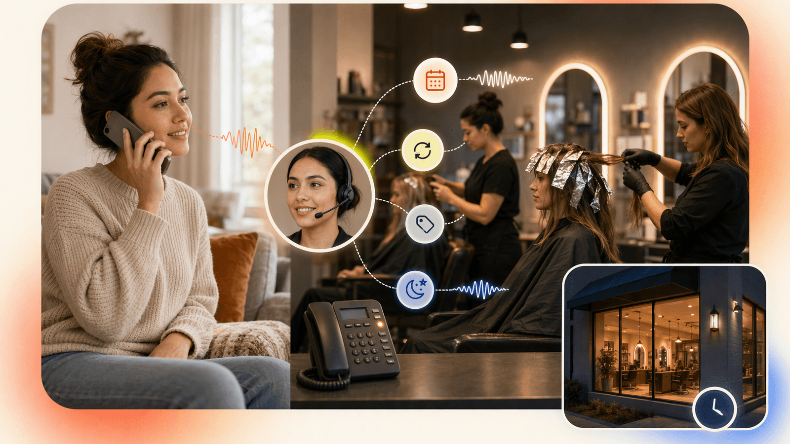 Salon call handling scene showing appointment requests, rescheduling, service questions, and after-hours booking support.