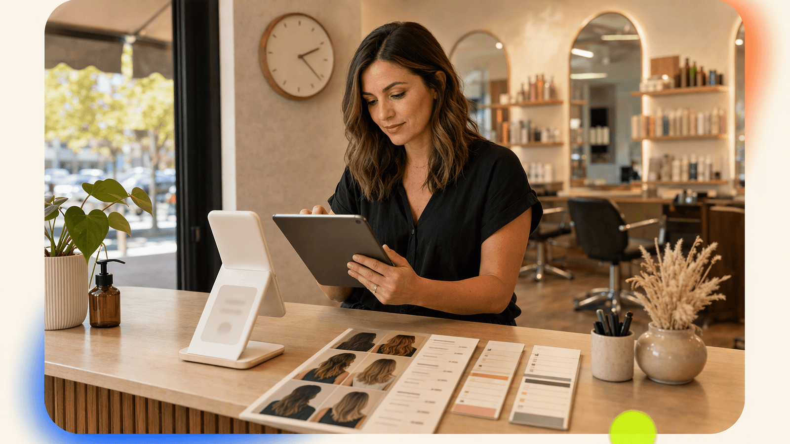 Salon owner setting up DeskBuddy to match stylists, services, availability, and booking rules for daily appointments.