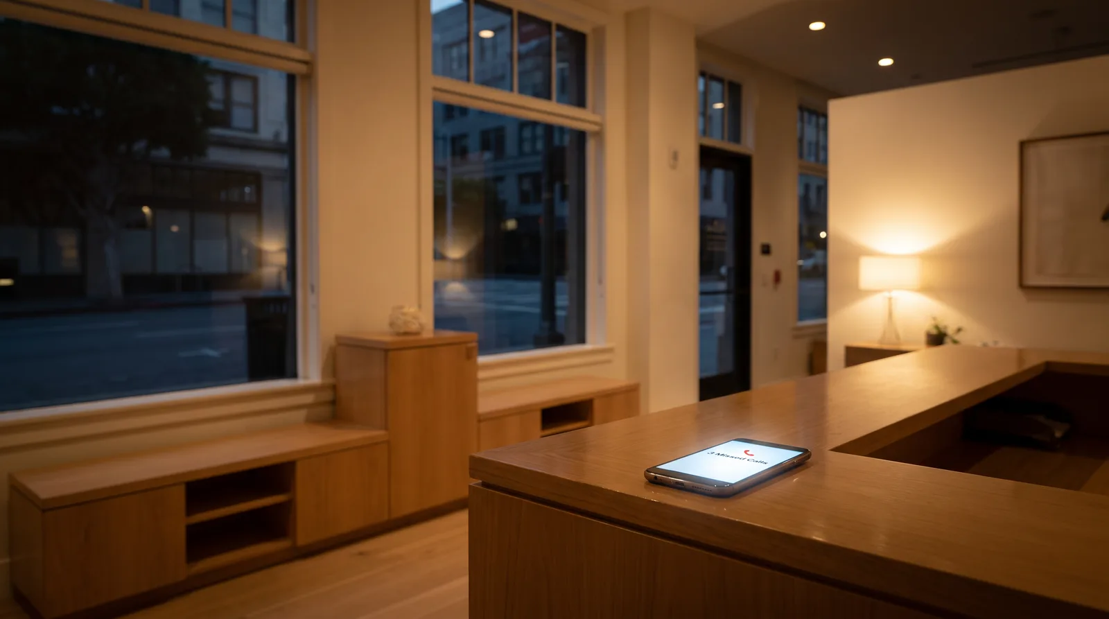 A closed massage studio reception at night, with a phone on the counter showing three missed calls