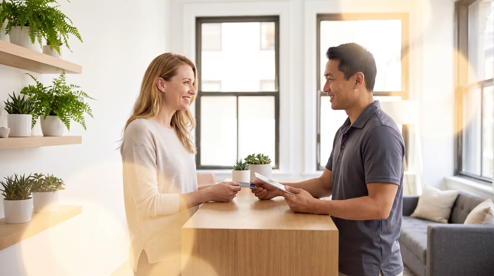 A client checking in at the studio's front desk with Liu
