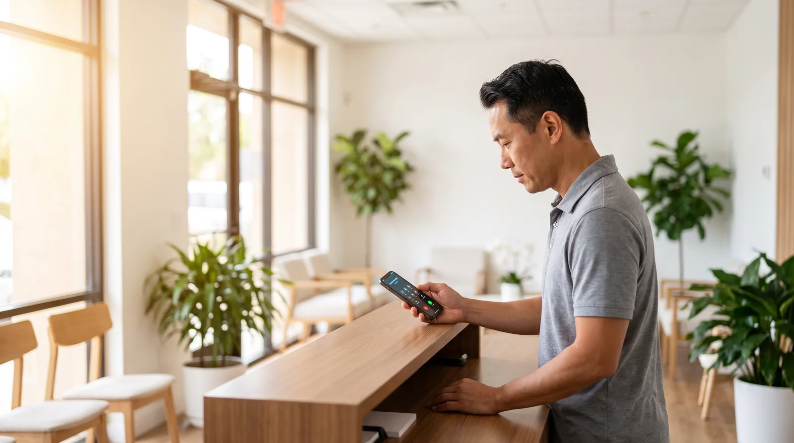 Liu standing at his unstaffed front desk, checking DeskBuddy call records on his phone